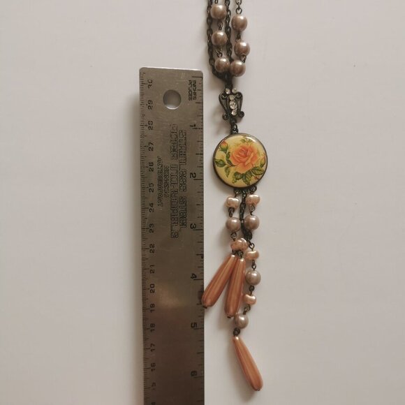 Coral Rose Faux Pink Pearl Danglers Pendant Necklace Beads Cottagecore Retro - Picture 8 of 8